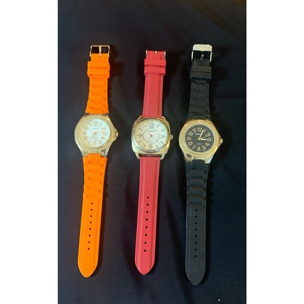 Vintage Lot Of 3 Silicone Band Gossip & Embassy Watches Orange, Red, & Black